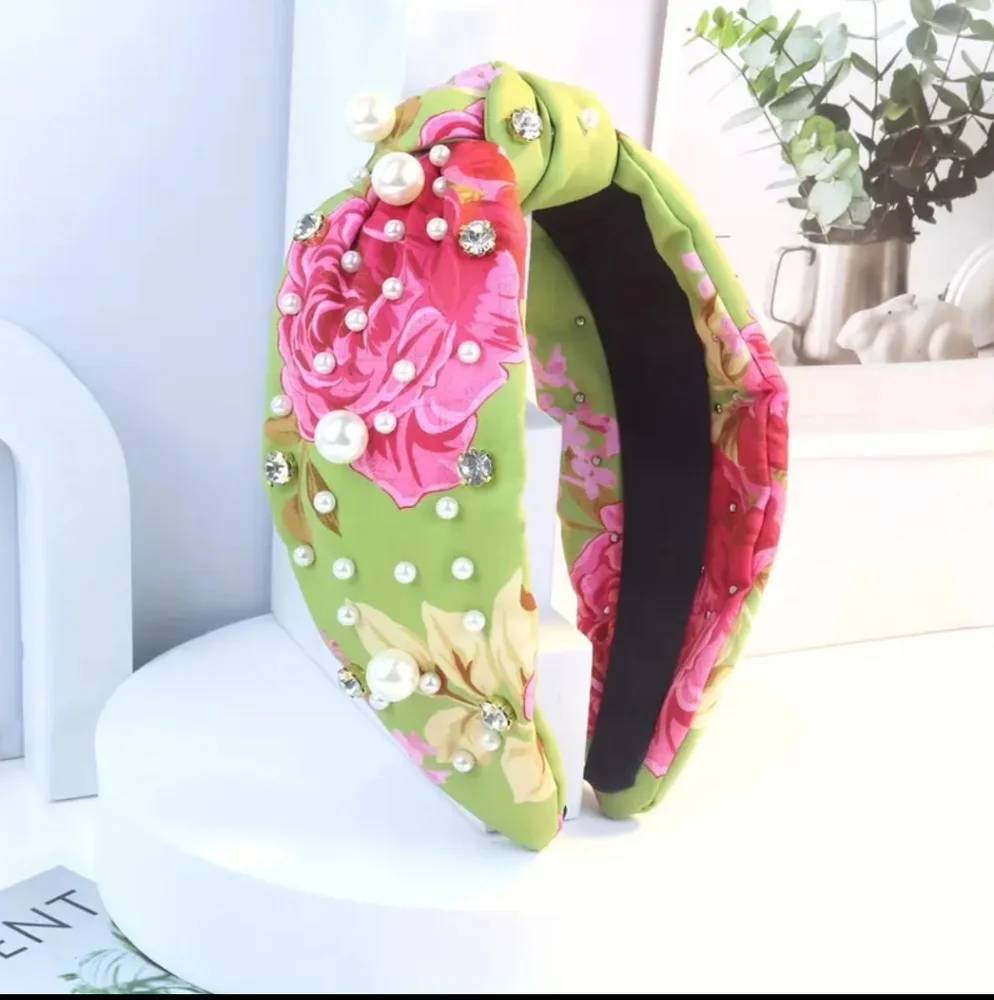 Headband Colorful Flower Printed Wide Faux Pearl Sparkling Rhinestone